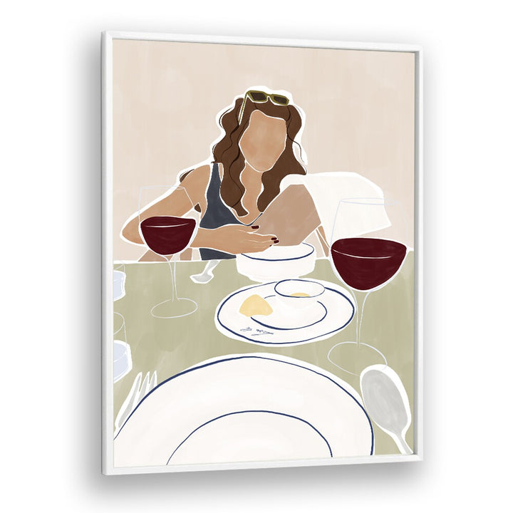 Woman Dining In A Restaurant By Ivy Green Women Illustration Paintings in White Plain Frame