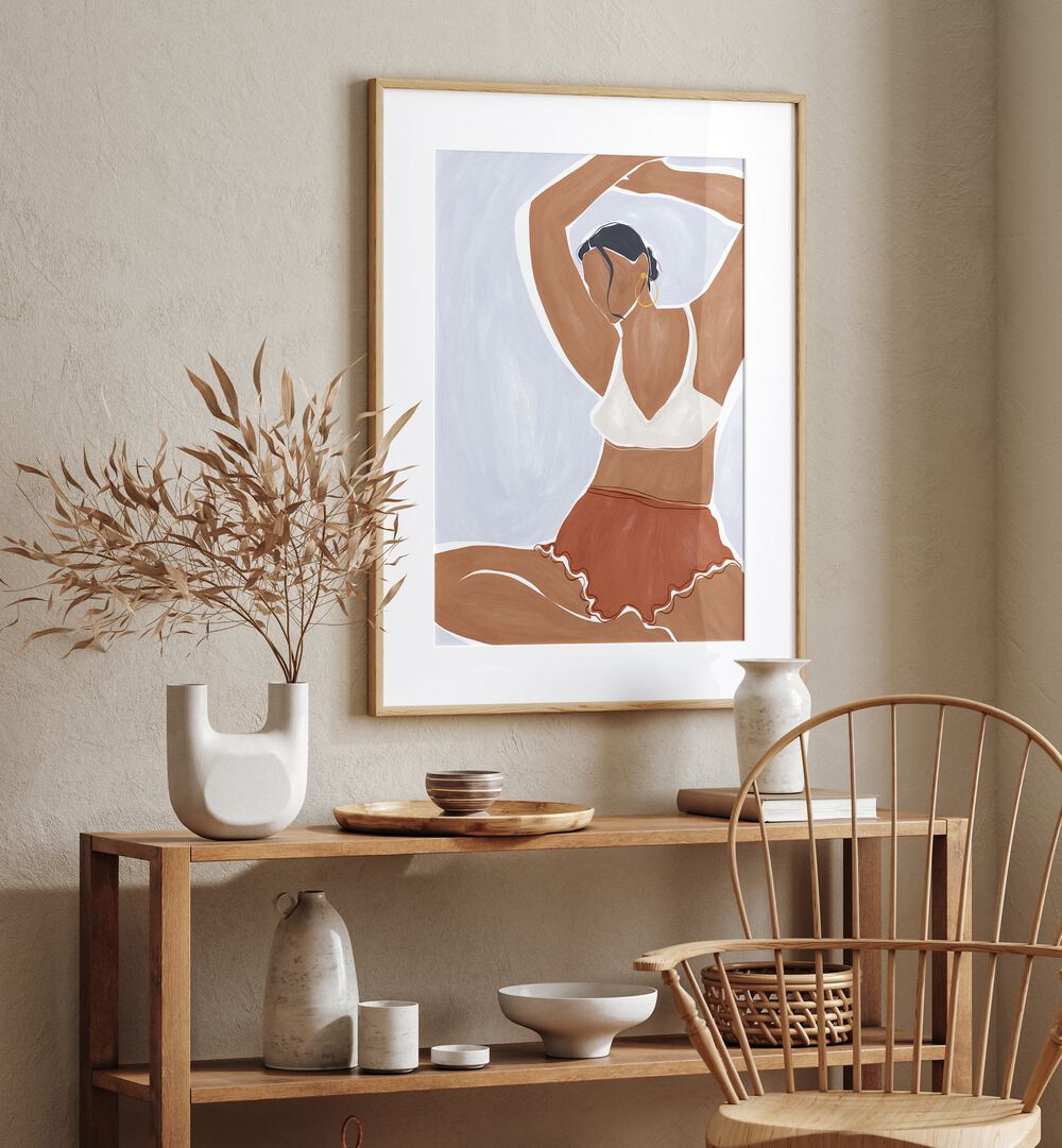 Woman Doing Yoga In Bikini By Ivy Green Women Illustration Paintings in Oak Wood Frame With Mount on a beige wall above a table