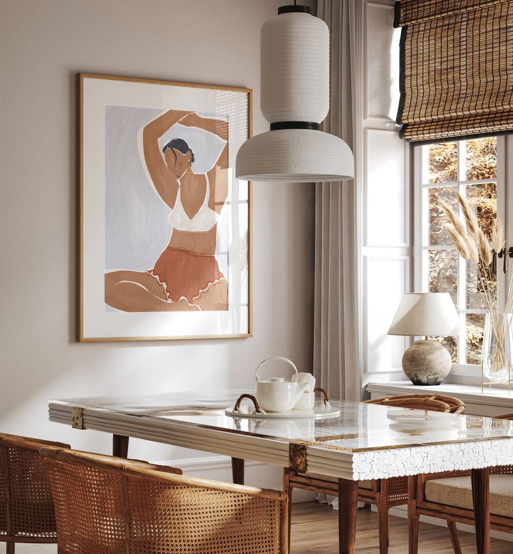 Woman Doing Yoga In Bikini By Ivy Green Women Illustration Paintings in Oak Wood Frame With Mount on a white wall behind a dining area beside a window