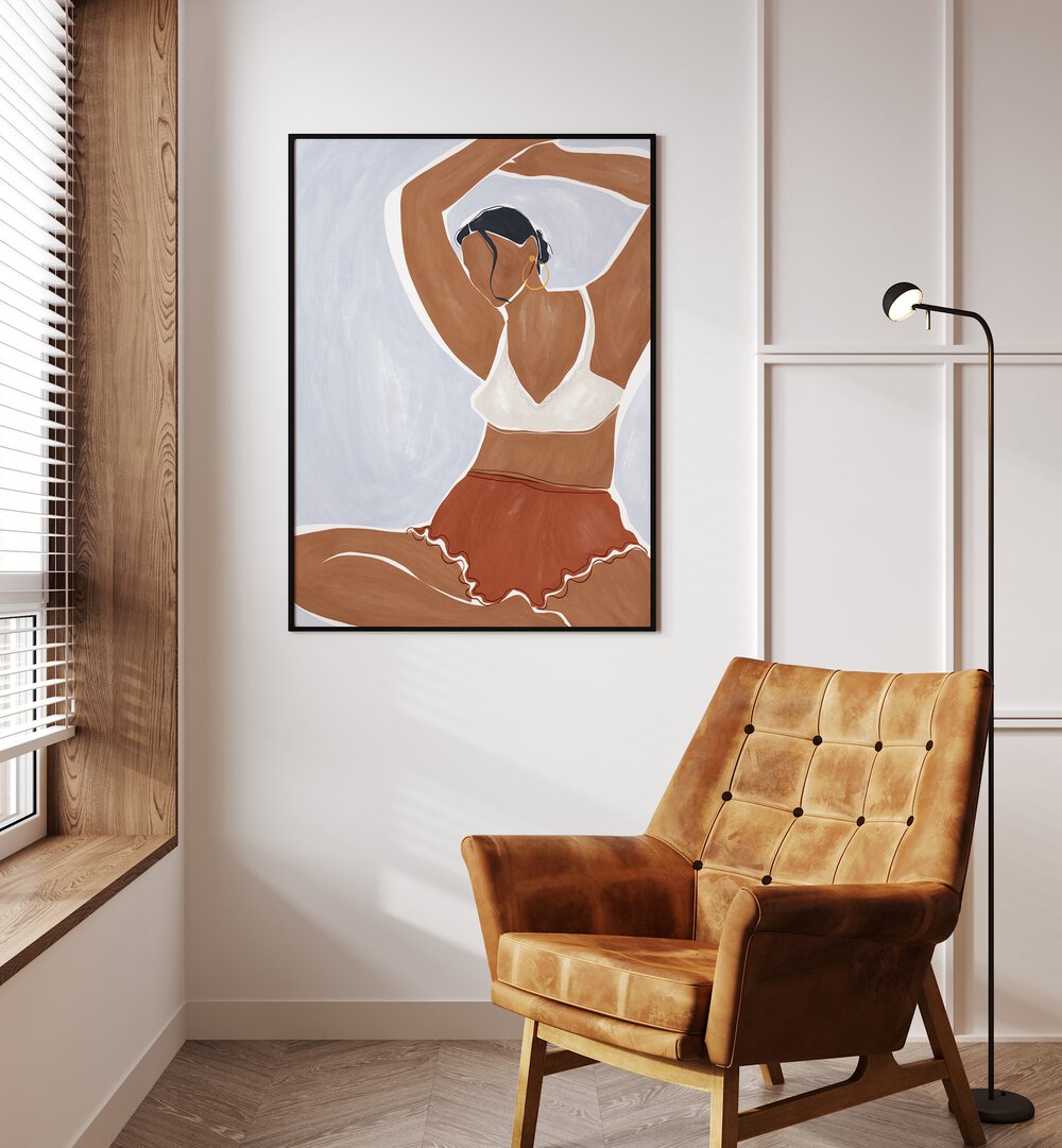 Woman Doing Yoga In Bikini By Ivy Green Women Illustration Paintings in Black Plain Frame on a white wall beside a window