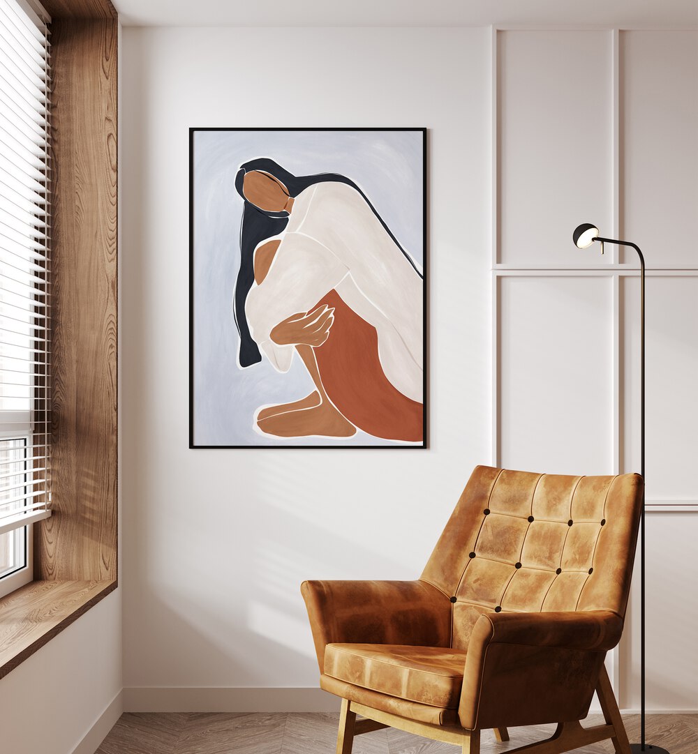 Woman Embracing Herself By Ivy Green Women Illustration Paintings in Black Plain Frame on a white wall beside a window