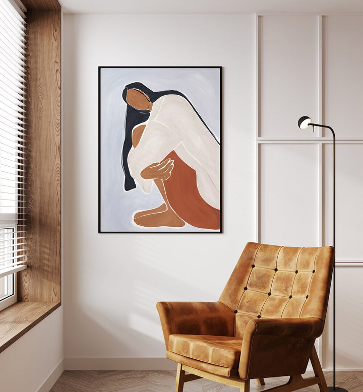 Woman Embracing Herself By Ivy Green Women Illustration Paintings in Black Plain Frame on a white wall beside a window