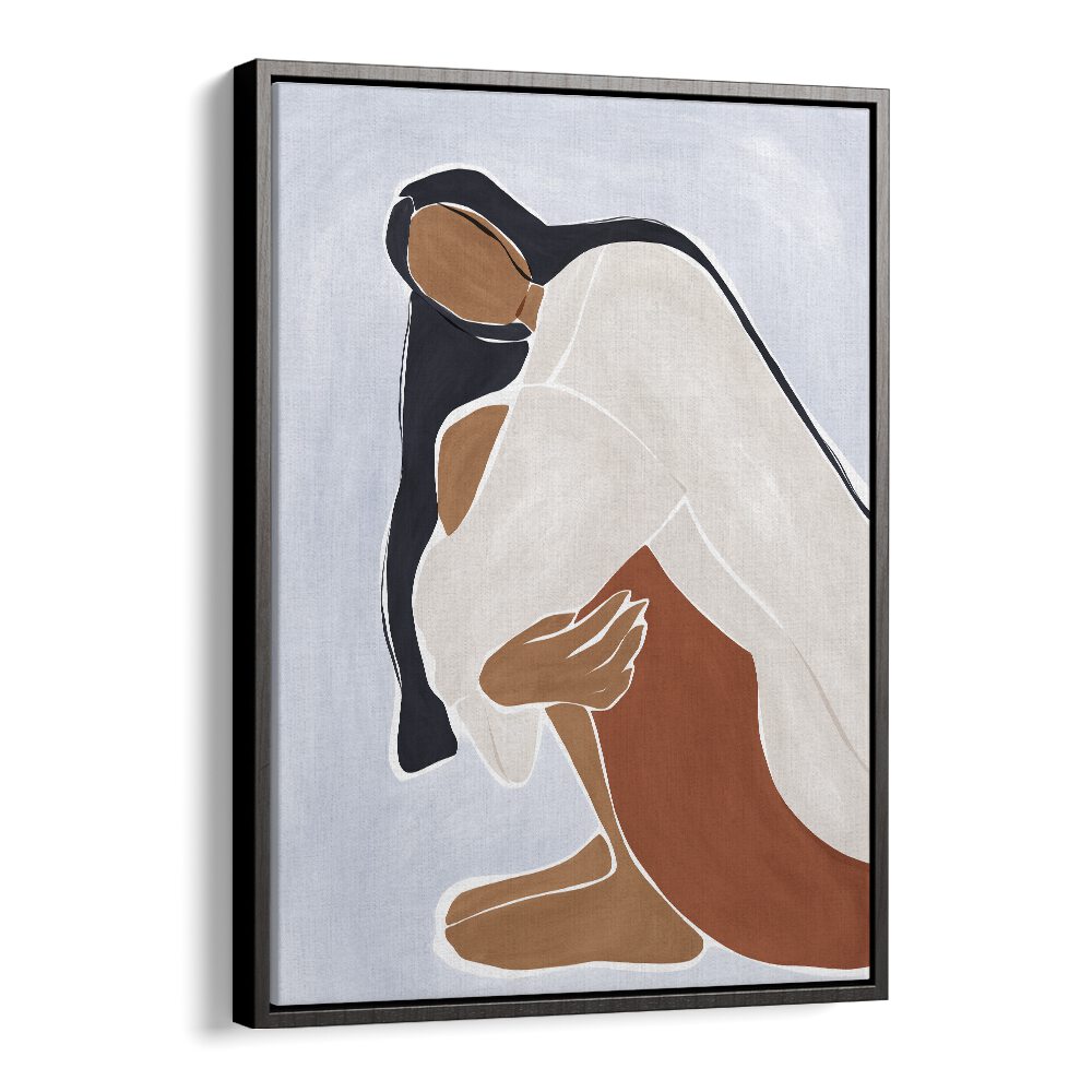 Woman Embracing Herself By Ivy Green Women Illustration Paintings in Black Floater Frame