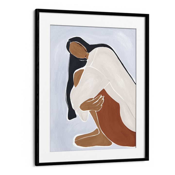 Woman Embracing Herself By Ivy Green Women Illustration Paintings in Black Frame With Mount