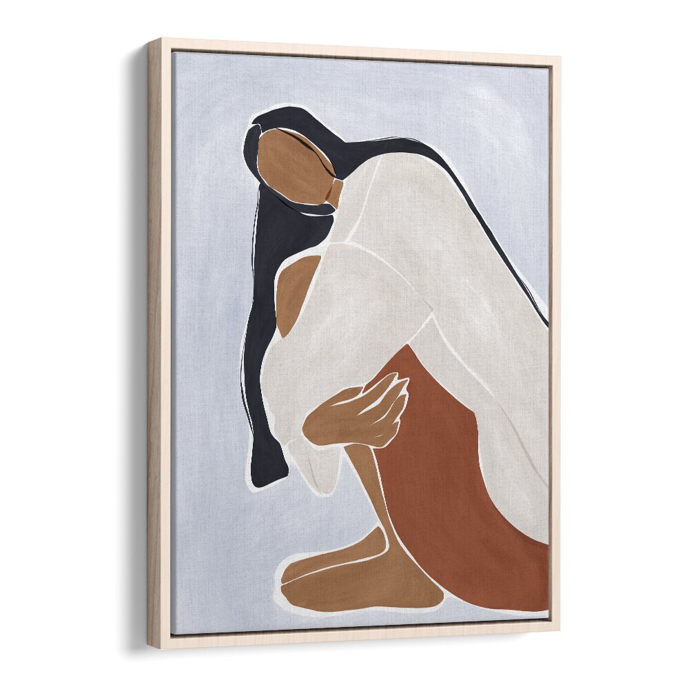 Woman Embracing Herself By Ivy Green Women Illustration Paintings in Oak Wood Floater Frame