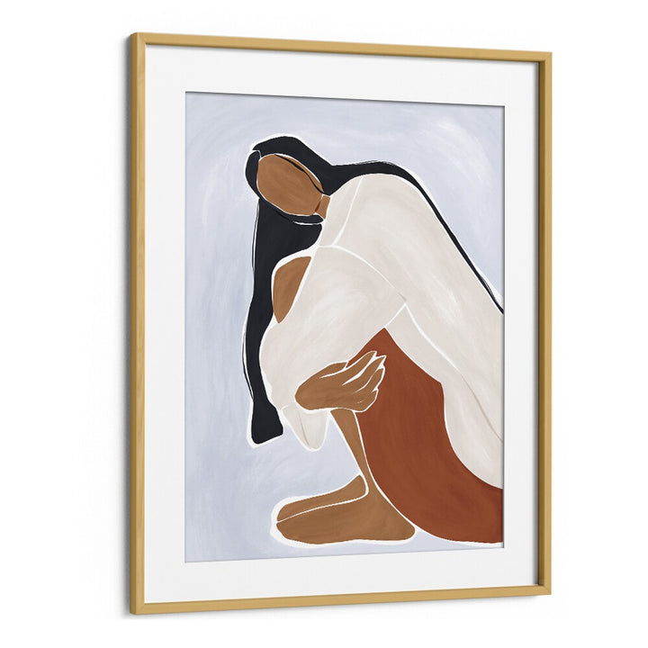 Woman Embracing Herself By Ivy Green Women Illustration Paintings in Oak Wood Frame With Mount