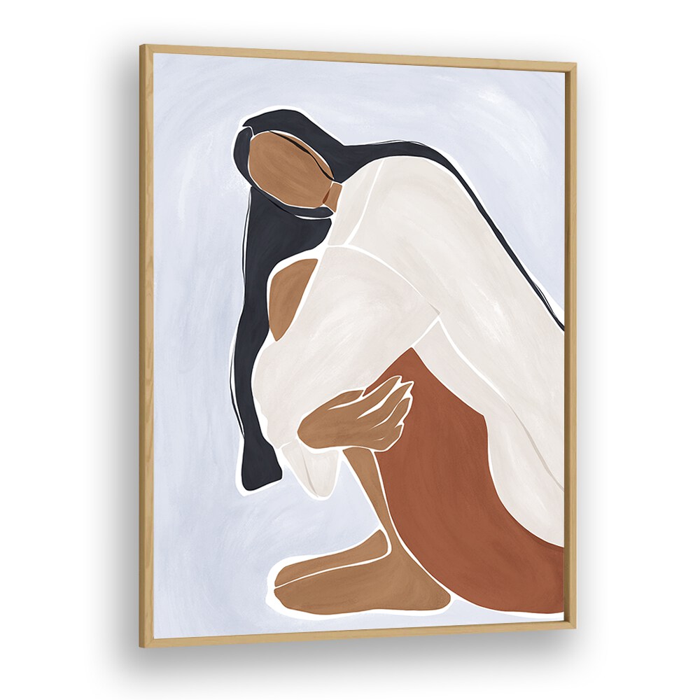 Woman Embracing Herself By Ivy Green Women Illustration Paintings in Oak Wood Plain Frame