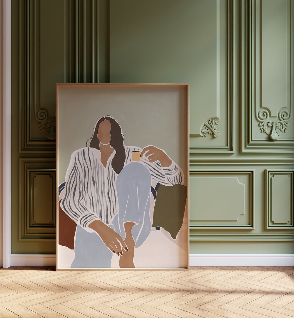 Woman Enjoying a Cup of Espresso By Ivy Green Women Illustration Paintings in Oak Wood Plain Frame on a wooden floor beside  a window