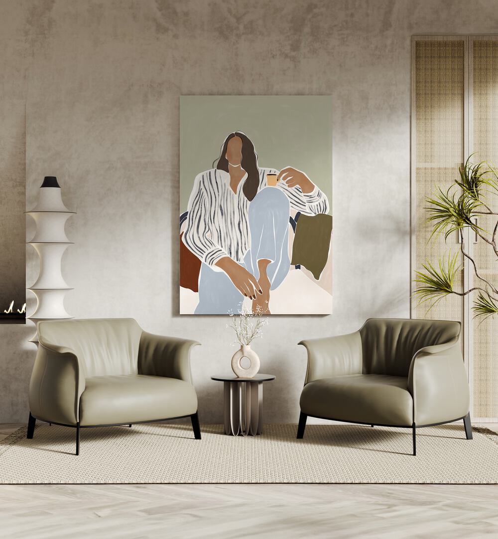 Woman Enjoying a Cup of Espresso By Ivy Green Women Illustration Paintings in Gallery Wrap on a beige wall behind and in between two sofas