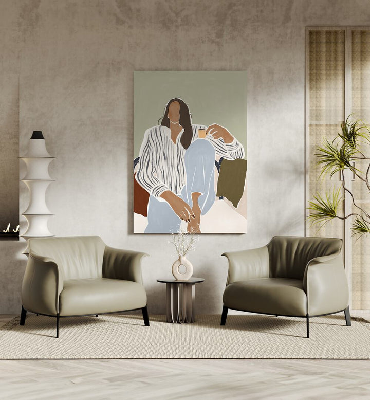 Woman Enjoying a Cup of Espresso By Ivy Green Women Illustration Paintings in Gallery Wrap on a beige wall behind and in between two sofas