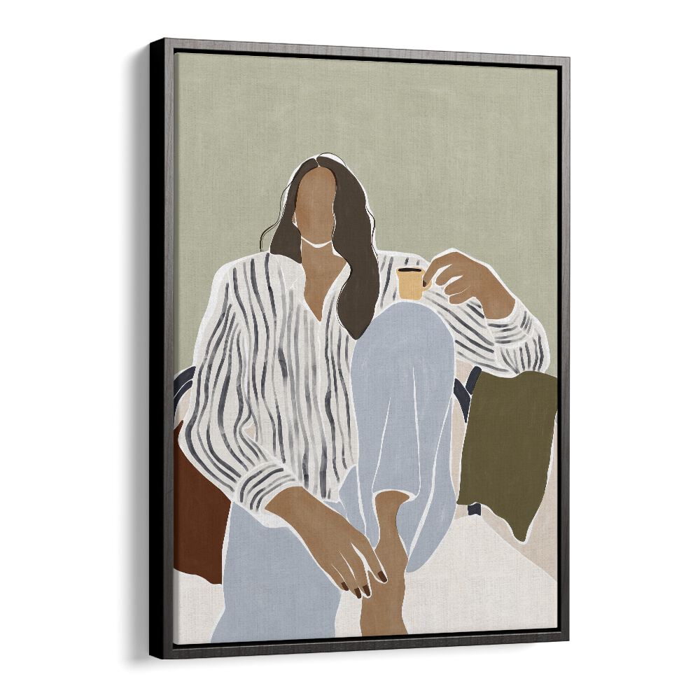 Woman Enjoying a Cup of Espresso By Ivy Green Women Illustration Paintings in Black Floater Frame