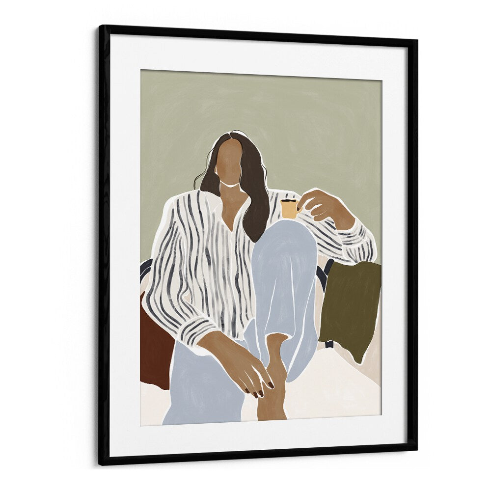 Woman Enjoying a Cup of Espresso By Ivy Green Women Illustration Paintings in Black Frame With Mount