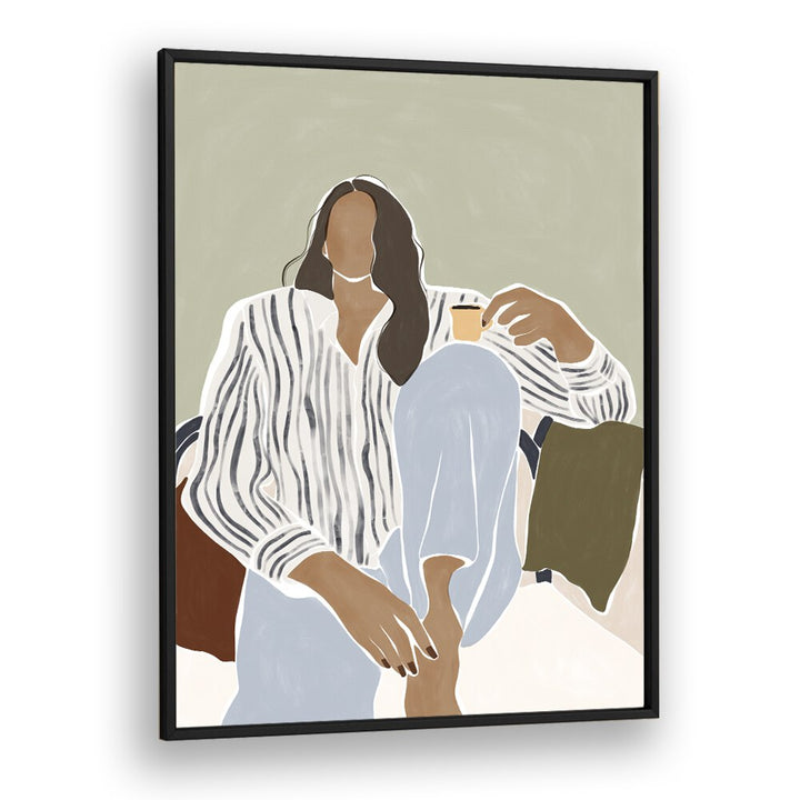 Woman Enjoying a Cup of Espresso By Ivy Green Women Illustration Paintings in Black Plain Frame