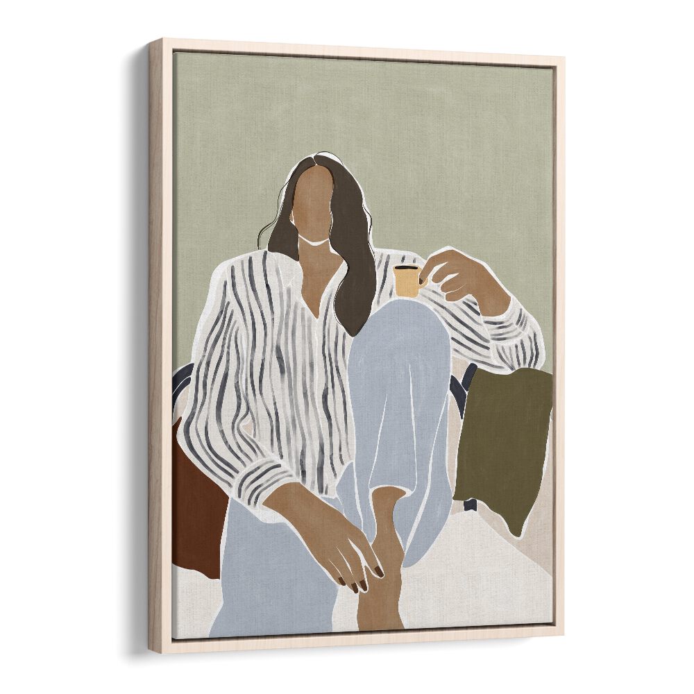 Woman Enjoying a Cup of Espresso By Ivy Green Women Illustration Paintings in Oak Wood Floater Frame