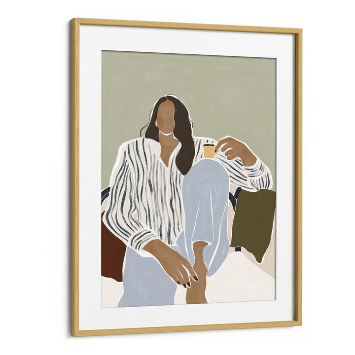 Woman Enjoying a Cup of Espresso By Ivy Green Women Illustration Paintings in Oak Wood Frame With Mount