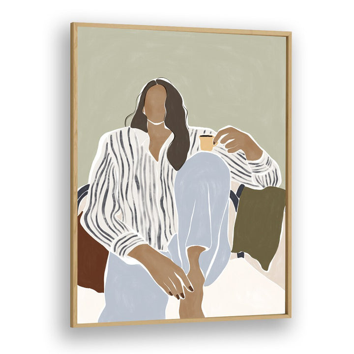 Woman Enjoying a Cup of Espresso By Ivy Green Women Illustration Paintings in Oak Wood Plain Frame