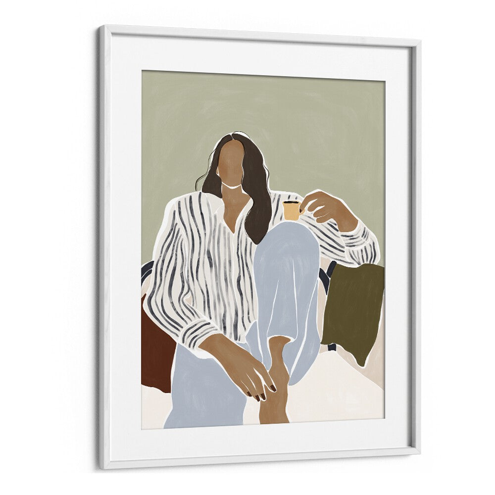 Woman Enjoying a Cup of Espresso By Ivy Green Women Illustration Paintings in White Frame With Mount