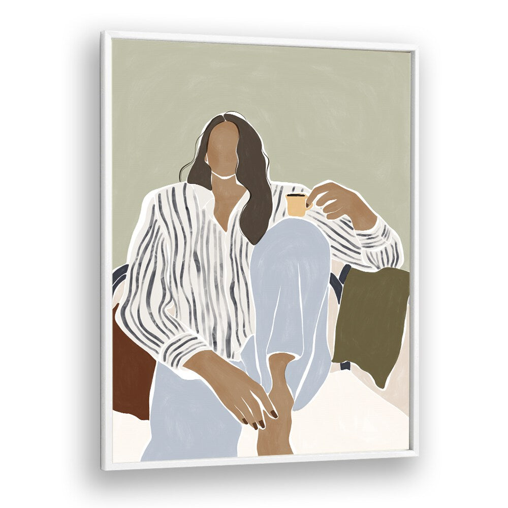 Woman Enjoying a Cup of Espresso By Ivy Green Women Illustration Paintings in White Plain Frame