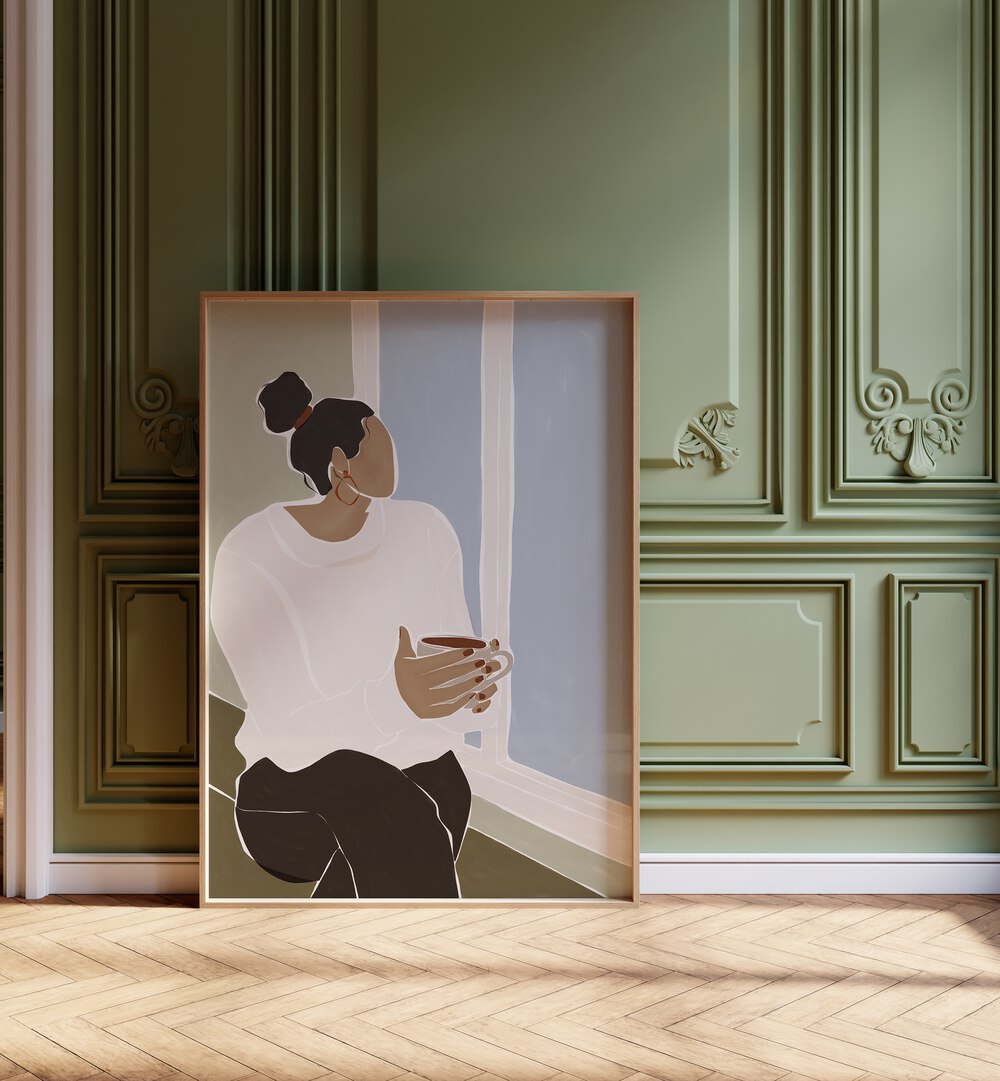 Woman Enjoying a Cup of Tea By Ivy Green Women Illustration Paintings in Oak Wood Plain Frame on a wooden floor beside a window