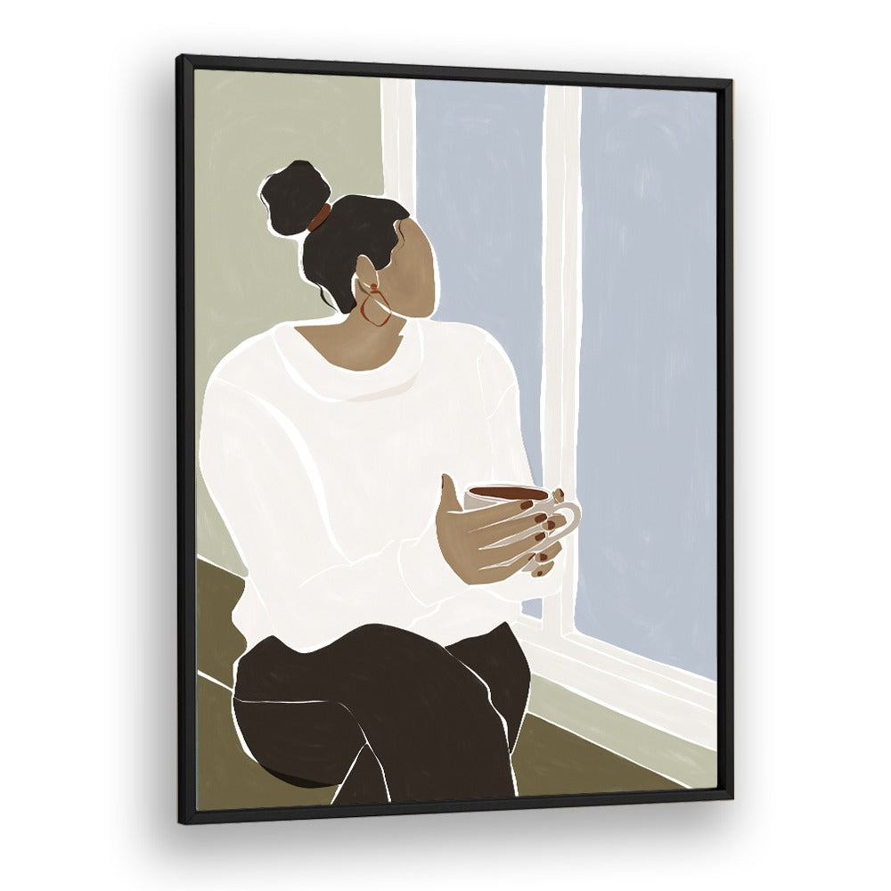 Woman Enjoying a Cup of Tea By Ivy Green Women Illustration Paintings in Black Plain Frame