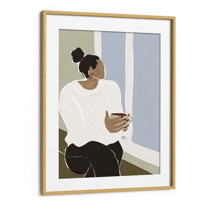 Woman Enjoying a Cup of Tea By Ivy Green Women Illustration Paintings in Oak Wood Frame With Mount