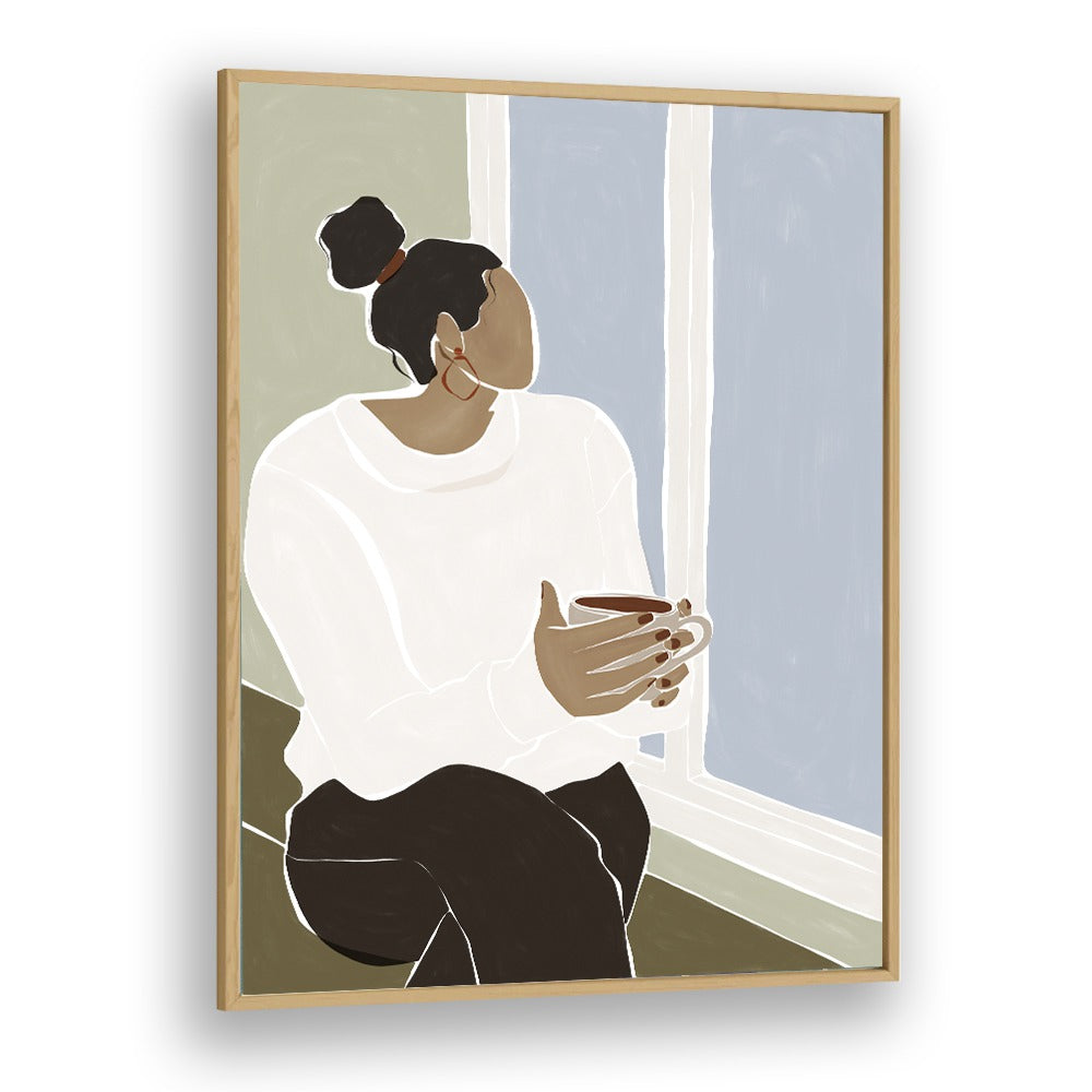 Woman Enjoying a Cup of Tea By Ivy Green Women Illustration Paintings in Oak Wood Plain Frame