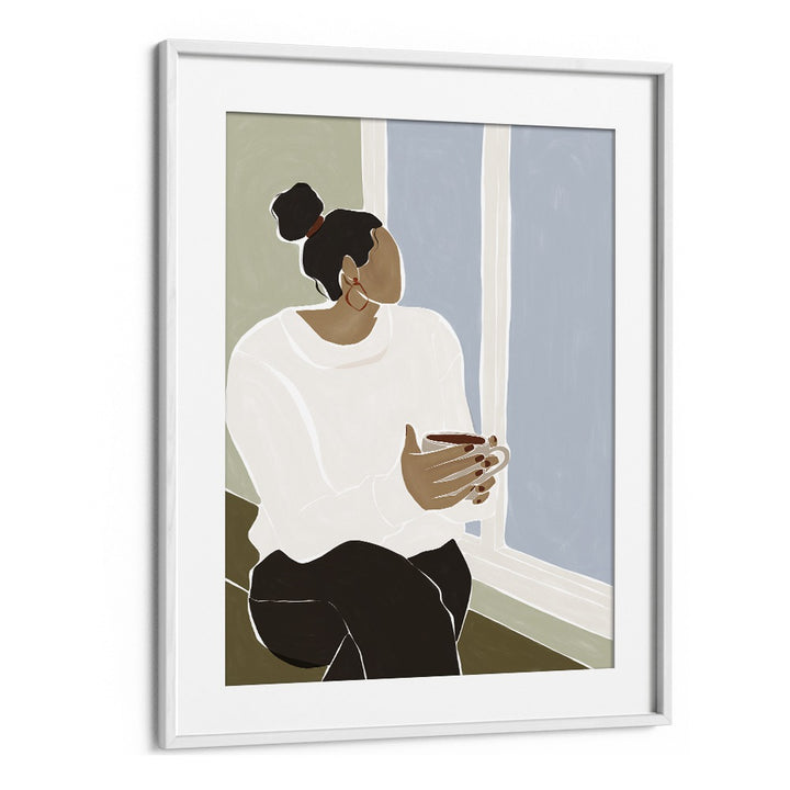 Woman Enjoying a Cup of Tea By Ivy Green Women Illustration Paintings in White Frame With Mount