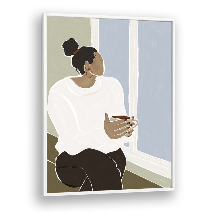 Woman Enjoying a Cup of Tea By Ivy Green Women Illustration Paintings in White Plain Frame