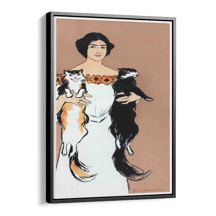 Woman Holding Cats 1898 Vintage Paintings in Black Floater Frame