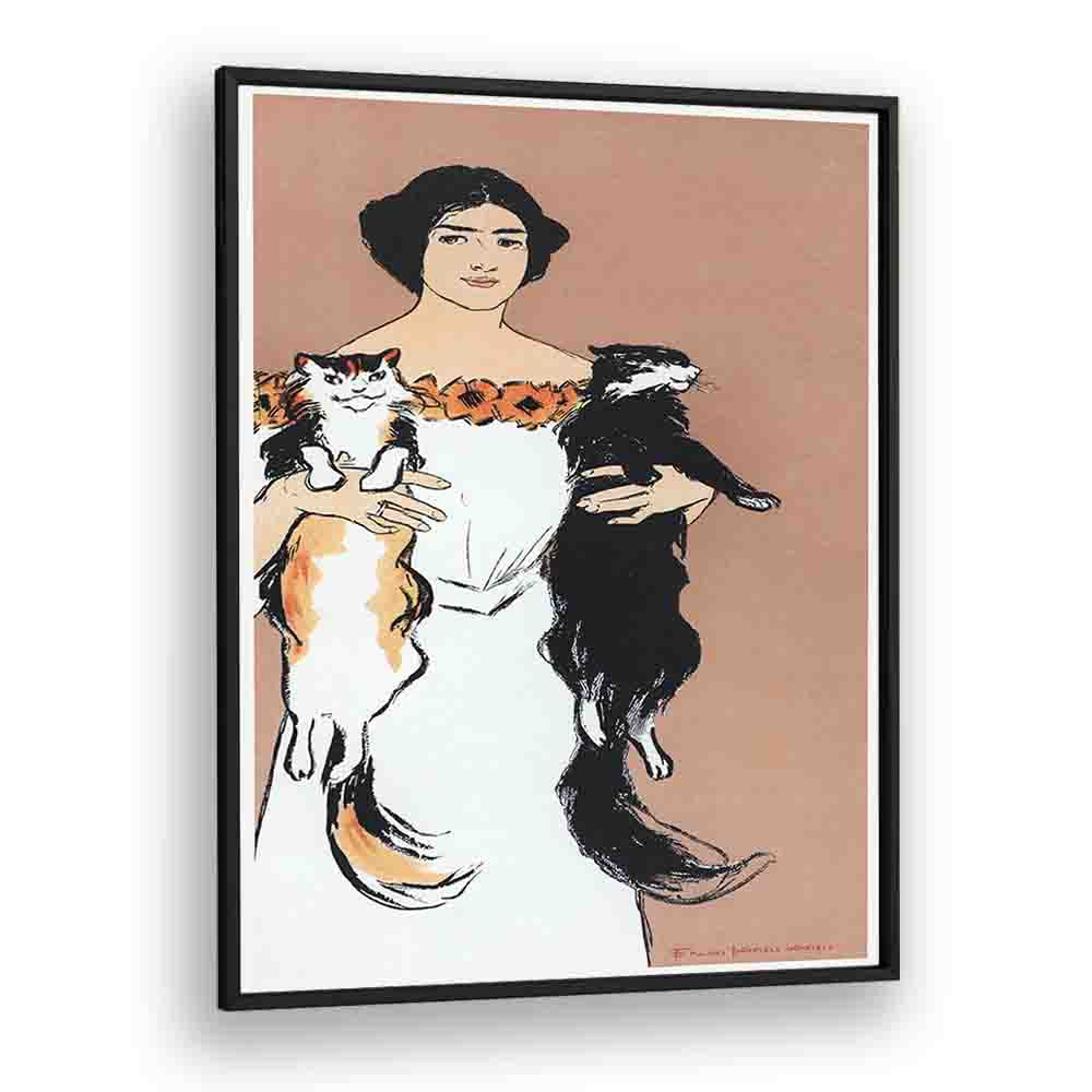 Woman Holding Cats 1898 Vintage Paintings in Black Plain Frame