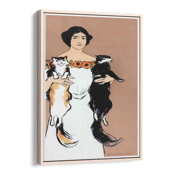 Woman Holding Cats 1898 Vintage Paintings in Oak Wood Floater Frame