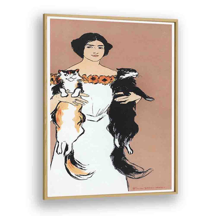 Woman Holding Cats 1898 Vintage Paintings in Oak Wood Plain Frame