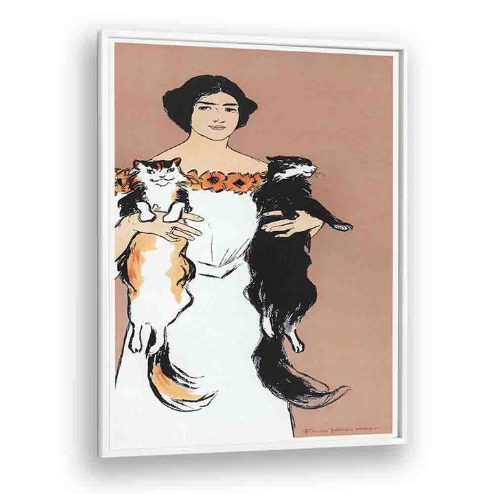 Woman Holding Cats 1898 Vintage Paintings in White Plain Frame