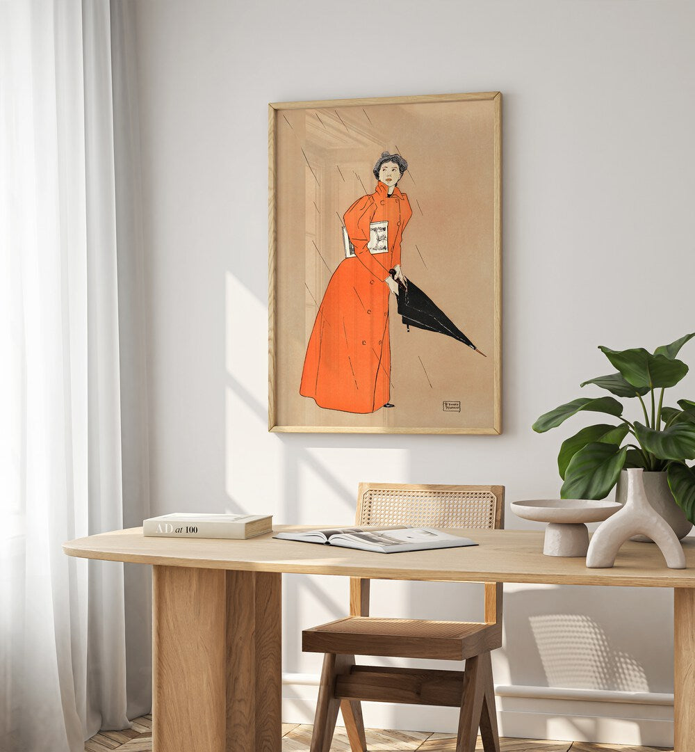 Woman Holding Umbrella 1894 Vintage Paintings in Oak Wood Plain Frame placed on a white wall behind a study table