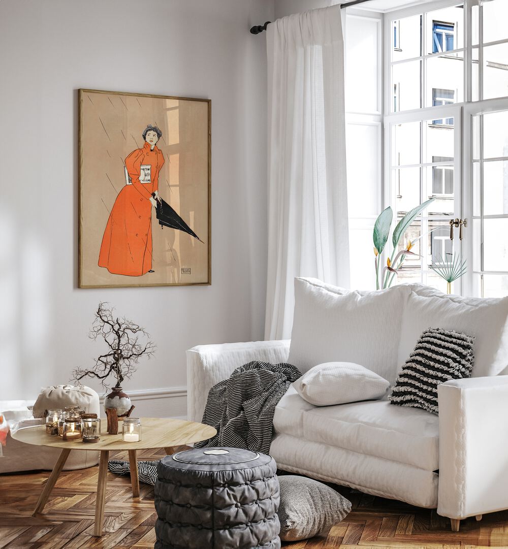 Woman Holding Umbrella 1894 Vintage Paintings in Oak Wood Plain Frame placed on a living room wall beside a sofa and a window