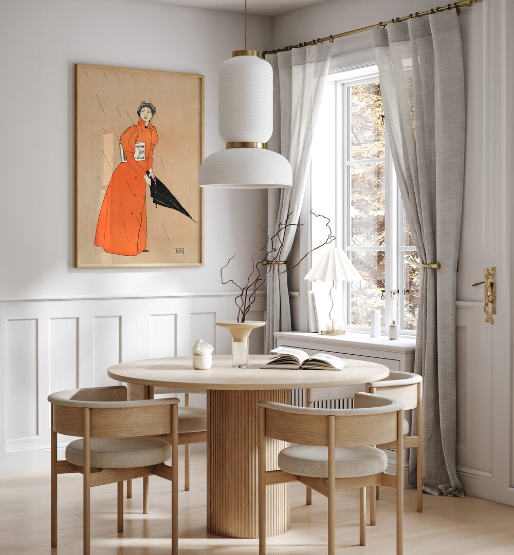 Woman Holding Umbrella 1894 Vintage Paintings in Oak Wood Plain Frame placed on a wall behind a dining table and beside a window for dining area