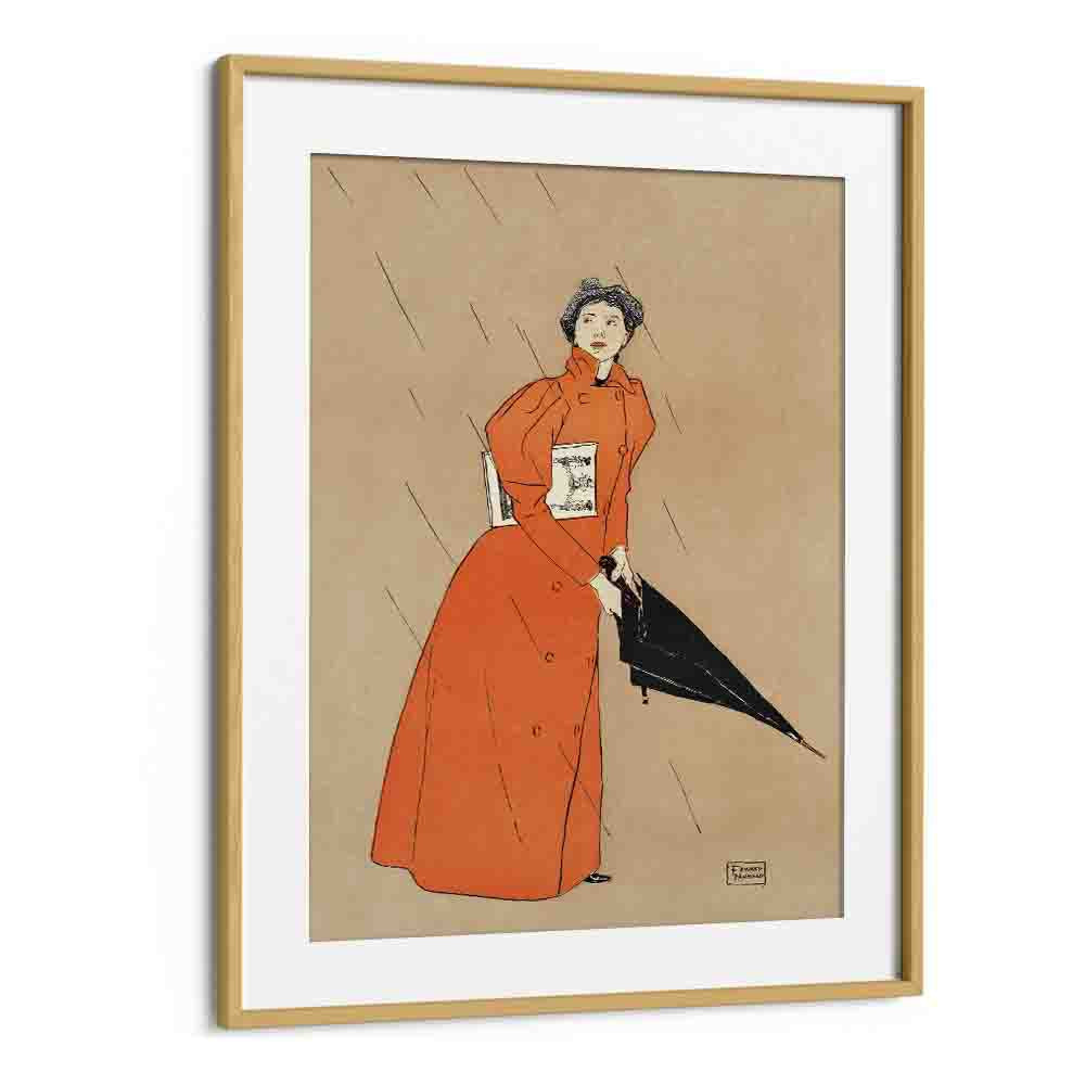 Woman Holding Umbrella 1894 Vintage Paintings in Oak Wood Frame With Mount