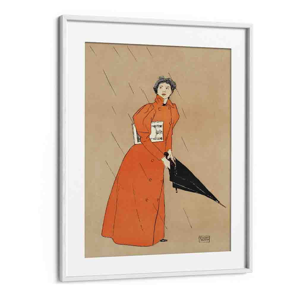 Woman Holding Umbrella 1894 Vintage Paintings in White Frame With Mount