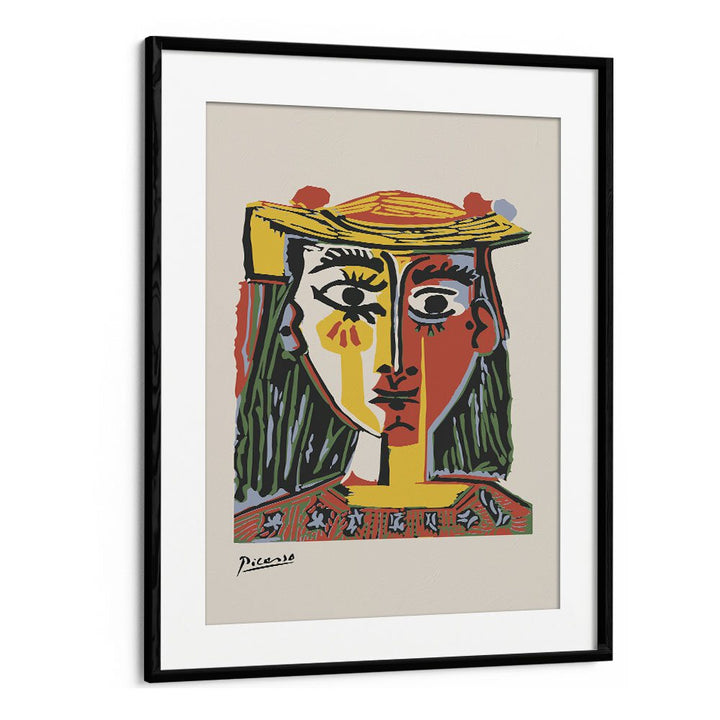 Woman In A Hat With Pompoms And A Printed Blouse By Pablo Picasso Vintage Paintings in Black Frame With Mount