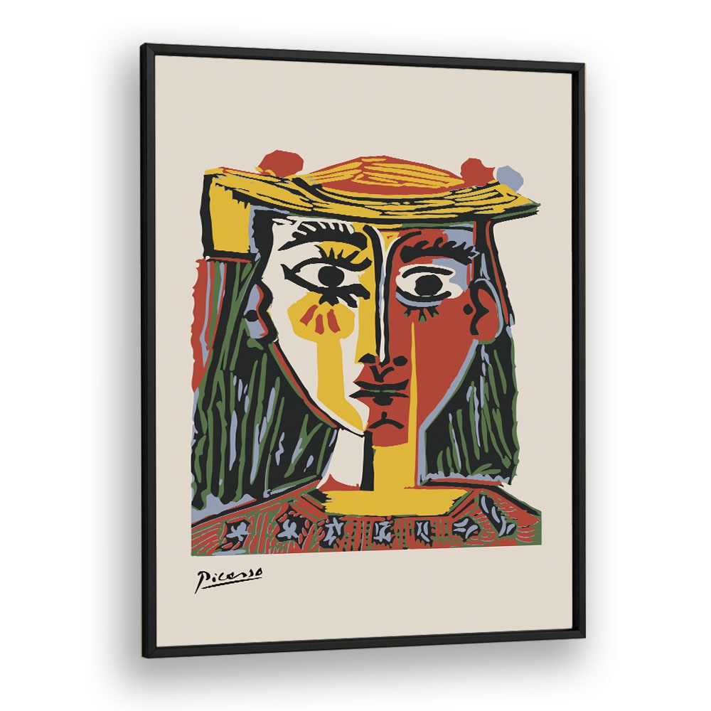 Woman In A Hat With Pompoms And A Printed Blouse By Pablo Picasso Vintage Paintings in Black Plain Frame