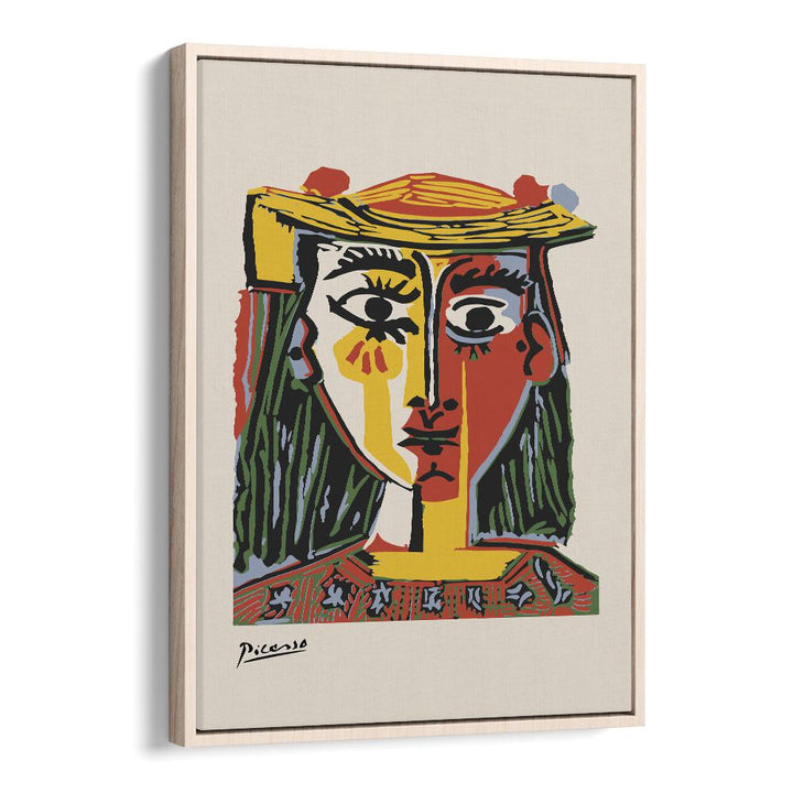 Woman In A Hat With Pompoms And A Printed Blouse By Pablo Picasso Vintage Paintings in Oak Wood Floater Frame