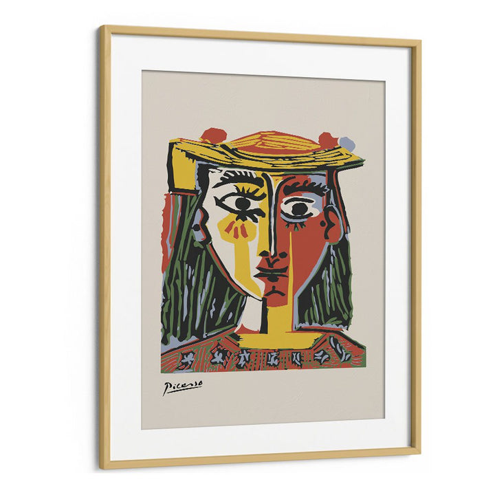 Woman In A Hat With Pompoms And A Printed Blouse By Pablo Picasso Vintage Paintings in Oak Wood Frame With Mount