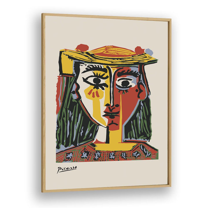 Woman In A Hat With Pompoms And A Printed Blouse By Pablo Picasso Vintage Paintings in Oak Wood Plain Frame