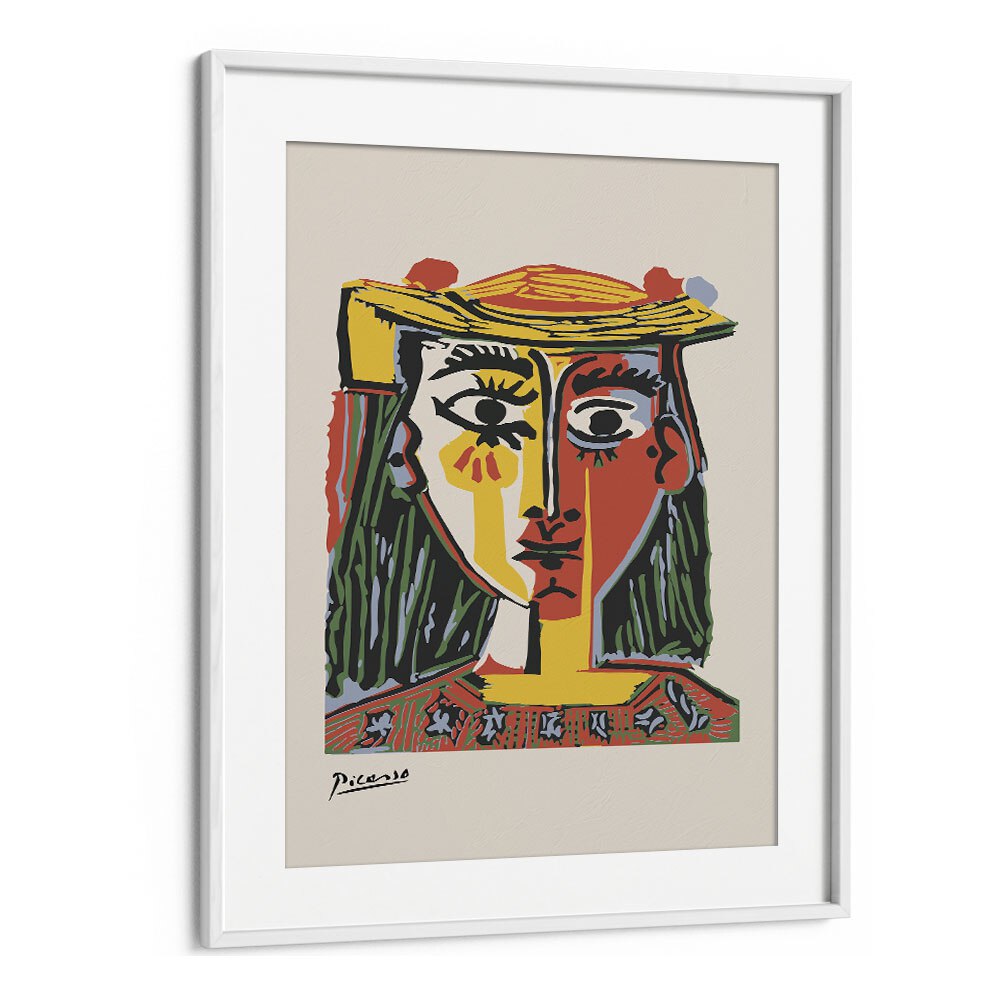 Woman In A Hat With Pompoms And A Printed Blouse By Pablo Picasso Vintage Paintings in White Frame With Mount