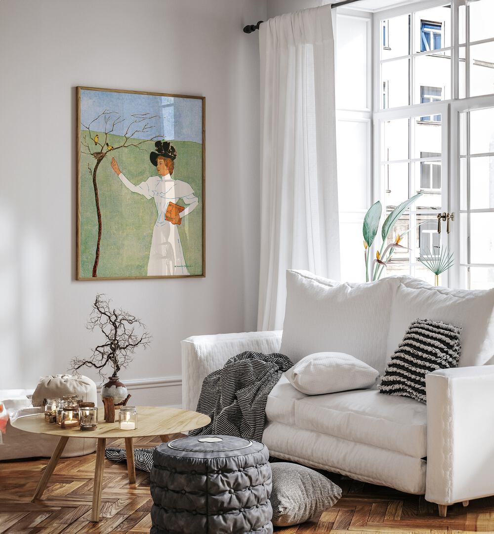 Woman Reaching For Birds 1894 Vintage Paintings in Oak Wood Plain Frame placed on a white wall beside a sofa and window for living room