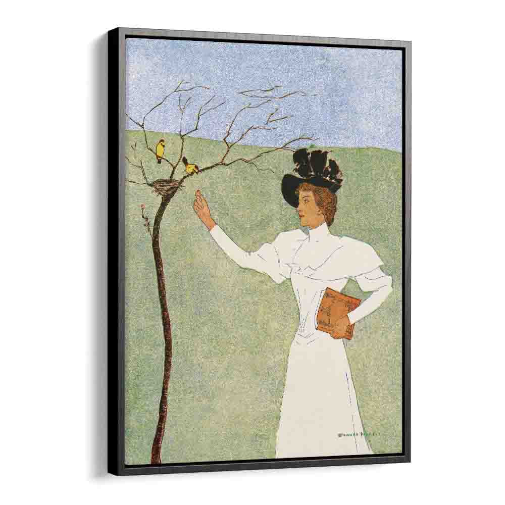 Woman Reaching For Birds 1894 Vintage Paintings in Black Floater Frame