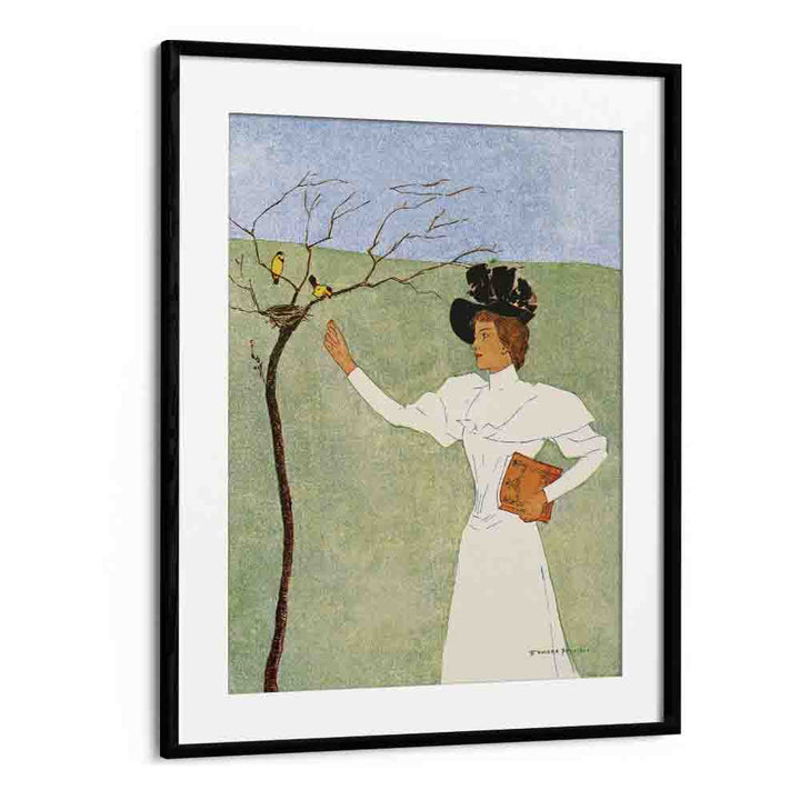 Woman Reaching For Birds 1894 Vintage Paintings in Black Frame With Mount