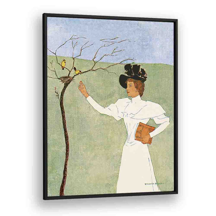 Woman Reaching For Birds 1894 Vintage Paintings in Black Plain Frame