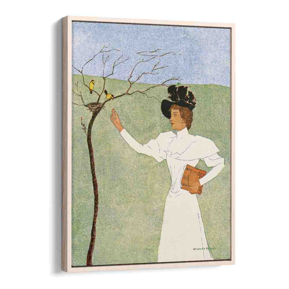 Woman Reaching For Birds 1894 Vintage Paintings in Oak Wood Floater Frame