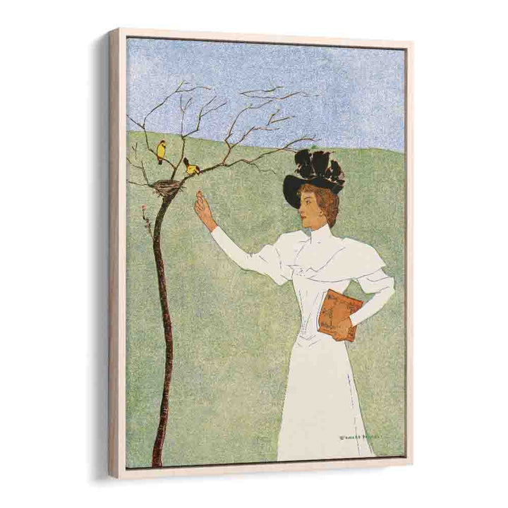 Woman Reaching For Birds 1894 Vintage Paintings in Oak Wood Floater Frame